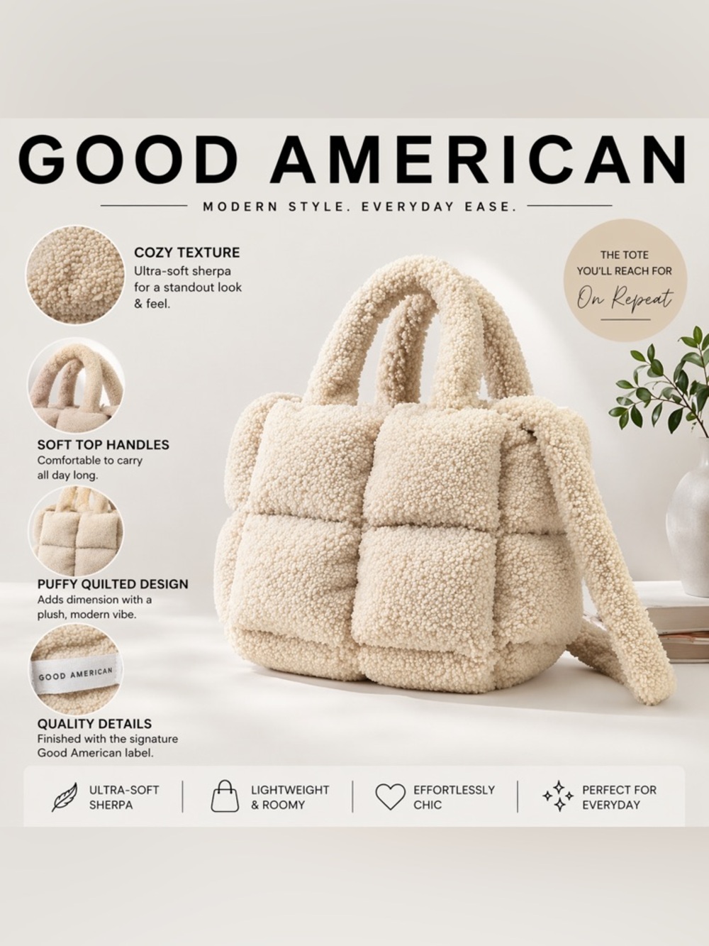 Good American Cream Quilted Sherpa Tote